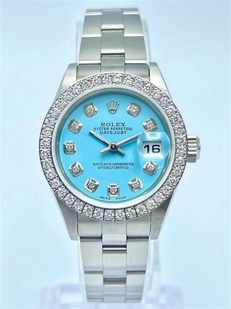 ladies blue face rolex|Rolex tiffany blue watch.